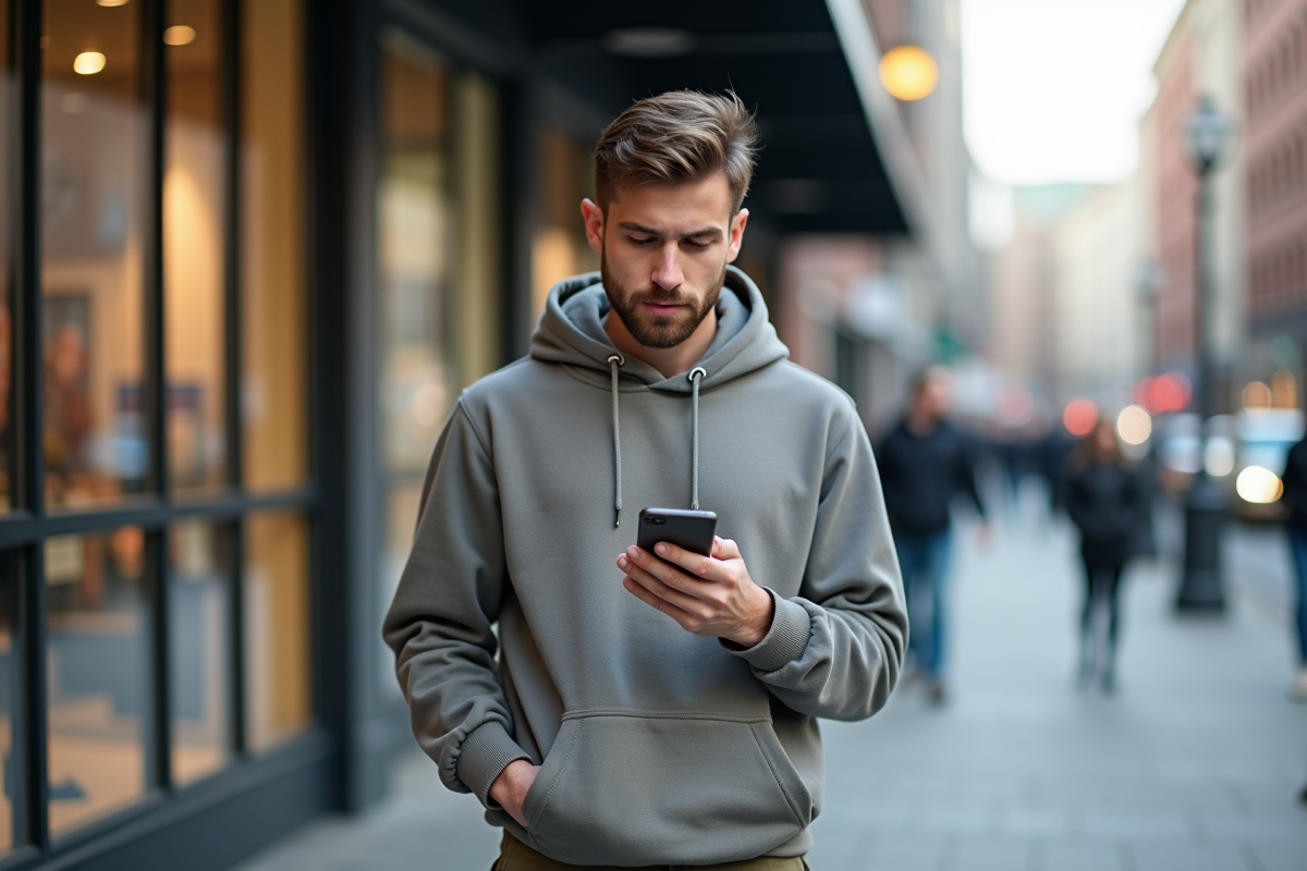 Jeune homme regardant son smartphone dans la rue