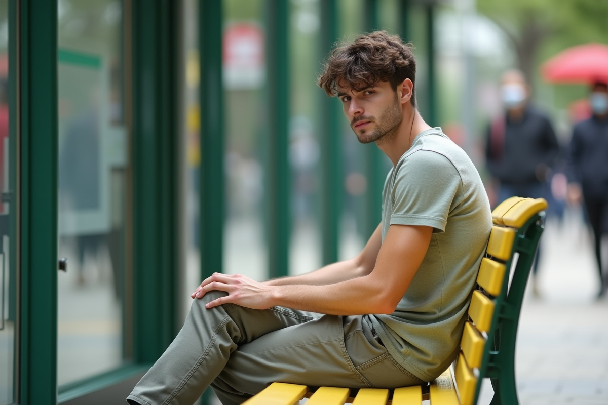 Jeune homme assis à un arrêt de bus urbain regardant une banquette verte délavée