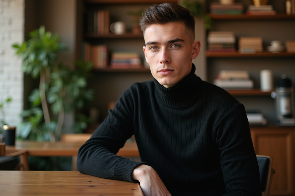 Jeune homme confiant au café avec coupe courte