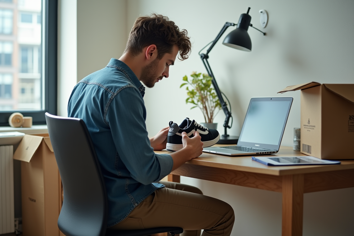 Jeune homme regardant des sneakers vintage dans un bureau