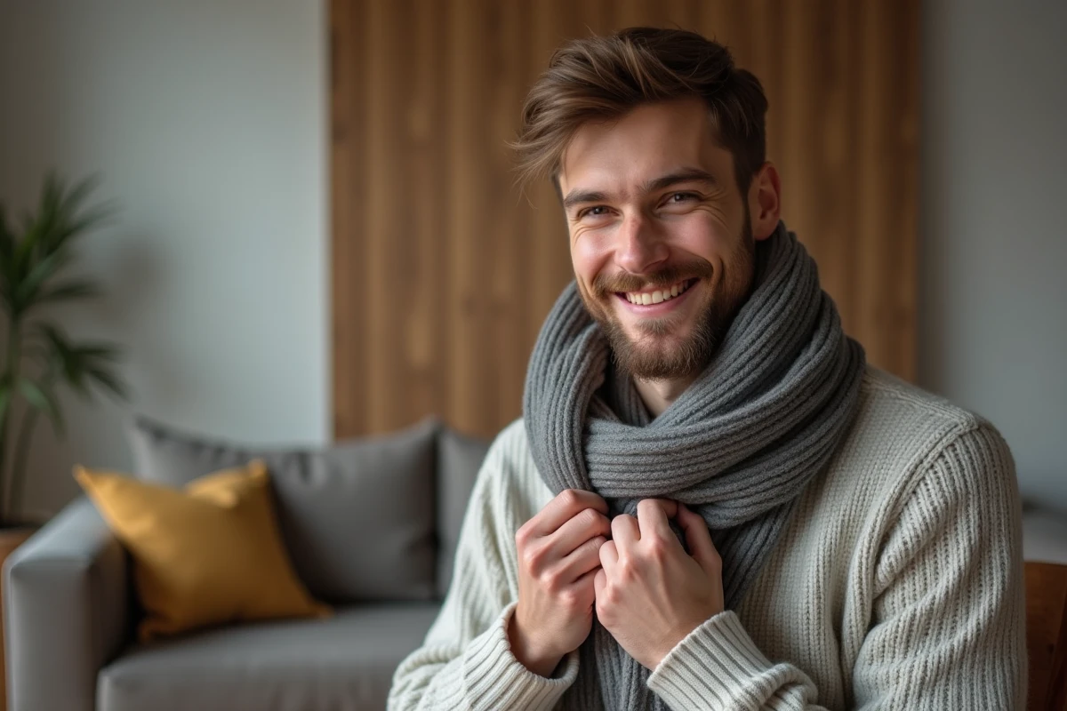 Jeune homme ajustant un foulard dans un int&eacute;rieur moderne