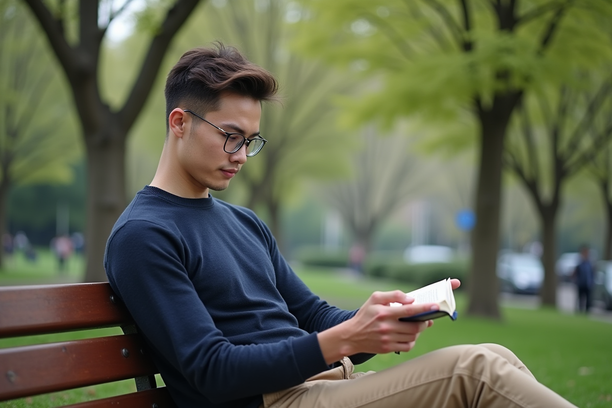 Jeune homme lisant dans un parc avec ses lunettes classiques