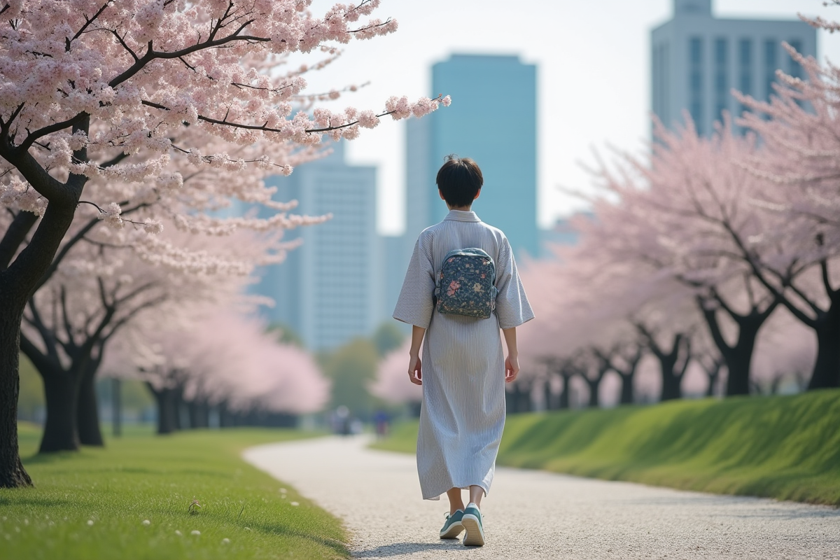 Jeune homme japonais en kimono moderne dans un parc urbain