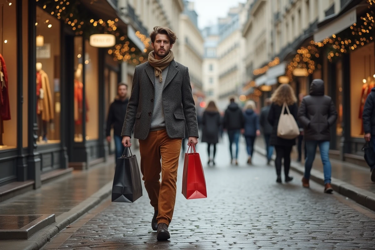 Jeune homme portant sacs de shopping dans rue parisienne