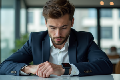 Jeune homme regardant sa smartwatch micro LED au bureau