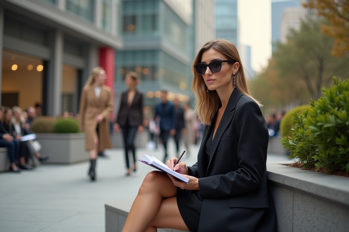 Jeune redactrice mode en ville prenant des notes