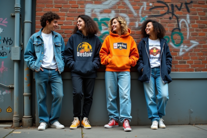 Groupe de jeunes en streetwear 90s devant un mur graffite