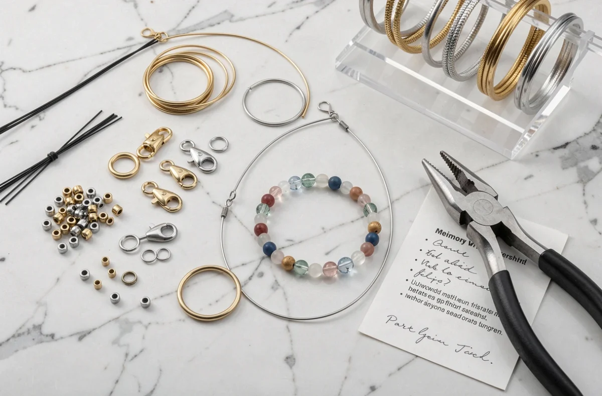 Vue à plat d'un kit de fabrication de bracelets avec accessoires de finition professionnels sur marbre blanc