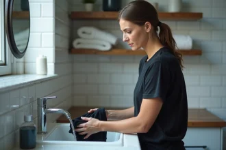 Femme lavant à la main un vêtement noir dans un évier pour éviter que la teinture ne dégorge