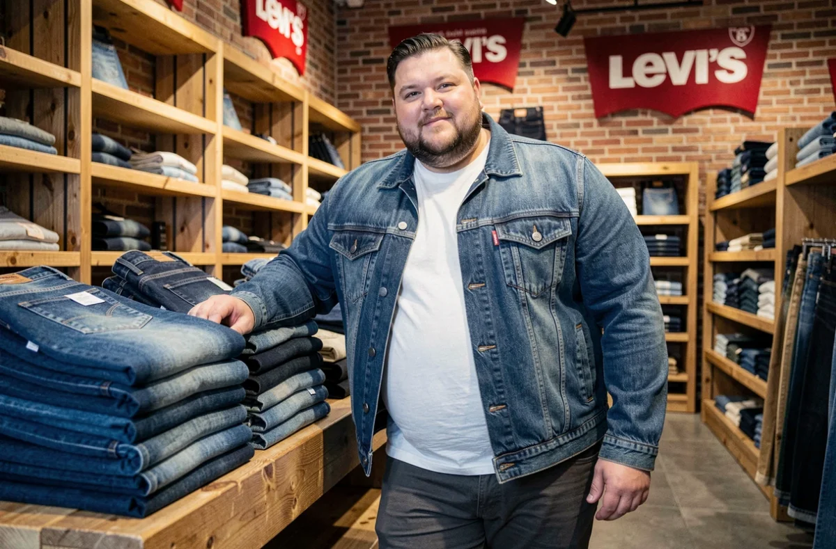 Un homme grande taille portant un jean Levi's dans le magasin Levis Shop en Seine-Saint-Denis