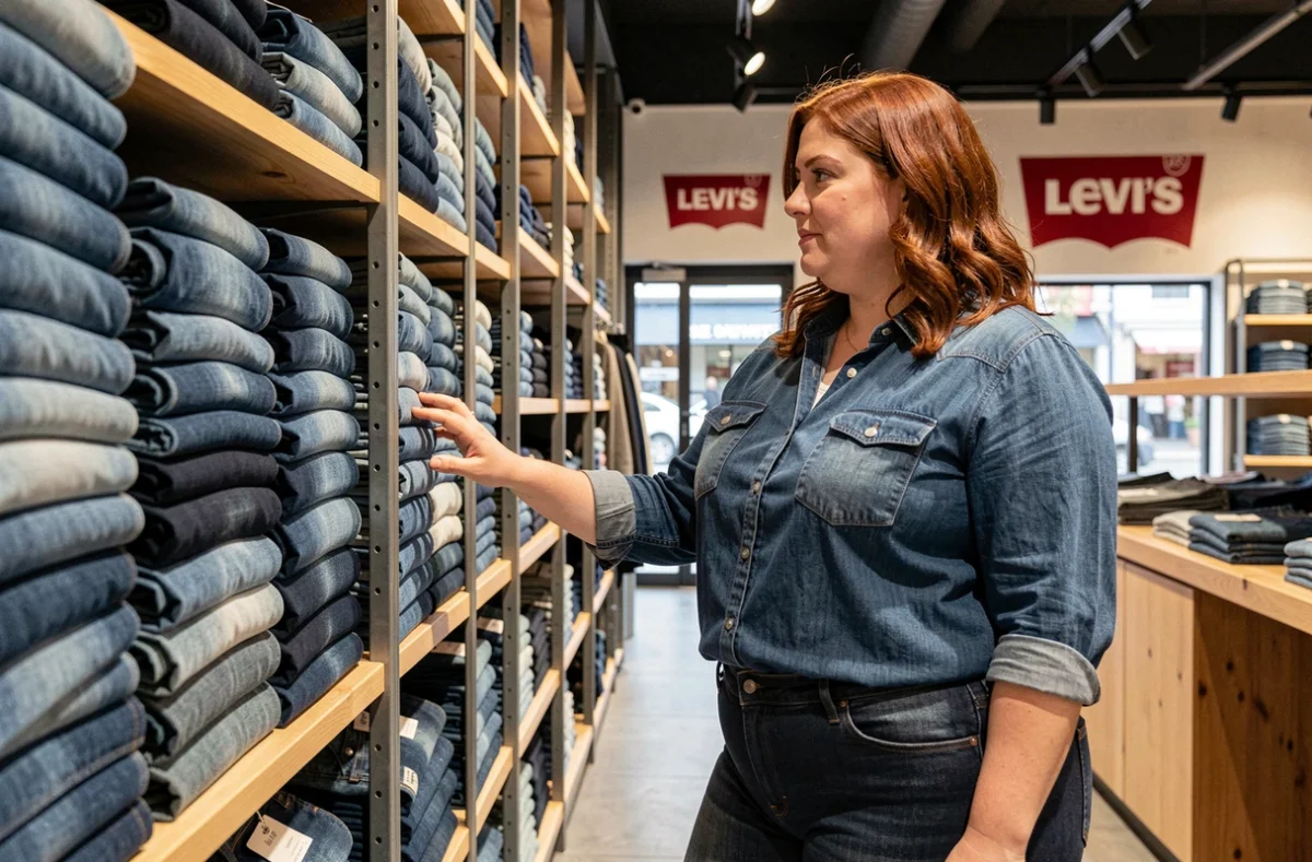 Une femme grande taille choisissant un jean Levi's dans la boutique Levi's Store en Seine-Saint-Denis