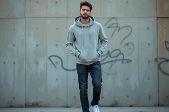 Homme en hoodie gris, jean slim indigo et sneakers blanches devant un mur urbain en béton - look complet streetwear EDS Store