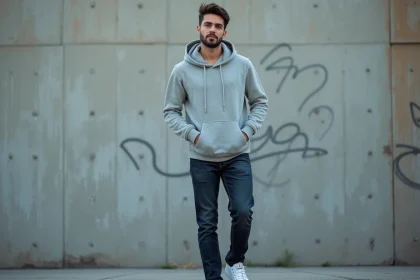 Homme en hoodie gris, jean slim indigo et sneakers blanches devant un mur urbain en béton - look complet streetwear EDS Store