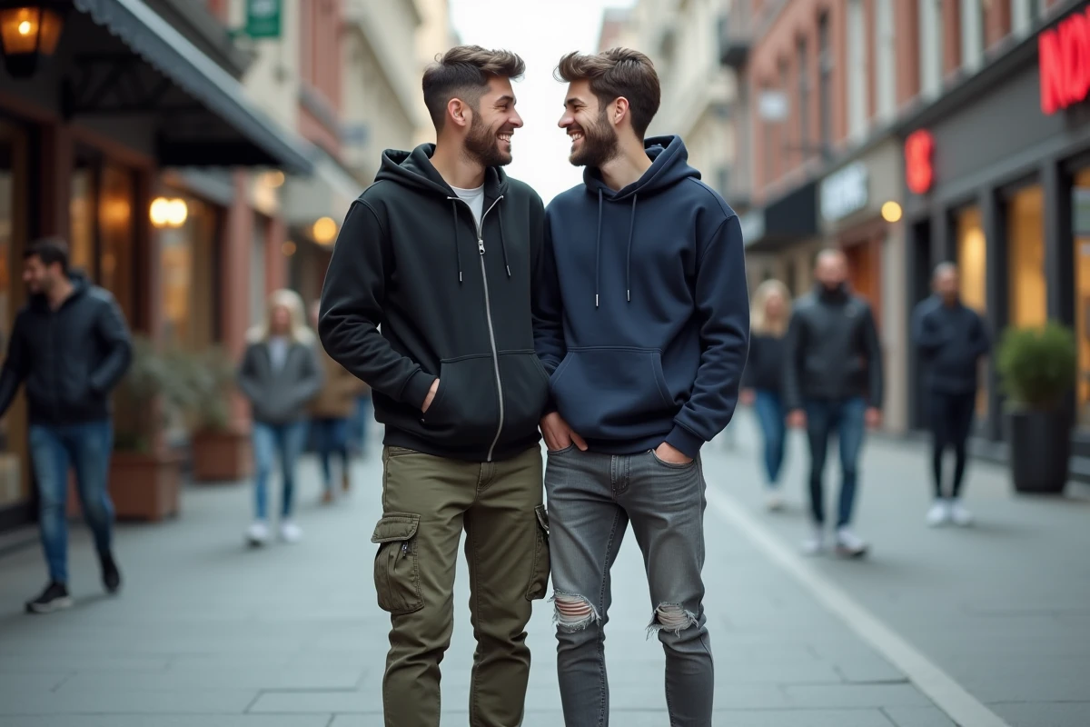 Deux amis en hoodies, jeans et sneakers assortis dans une rue commerçante - idées looks streetwear complets EDS Store