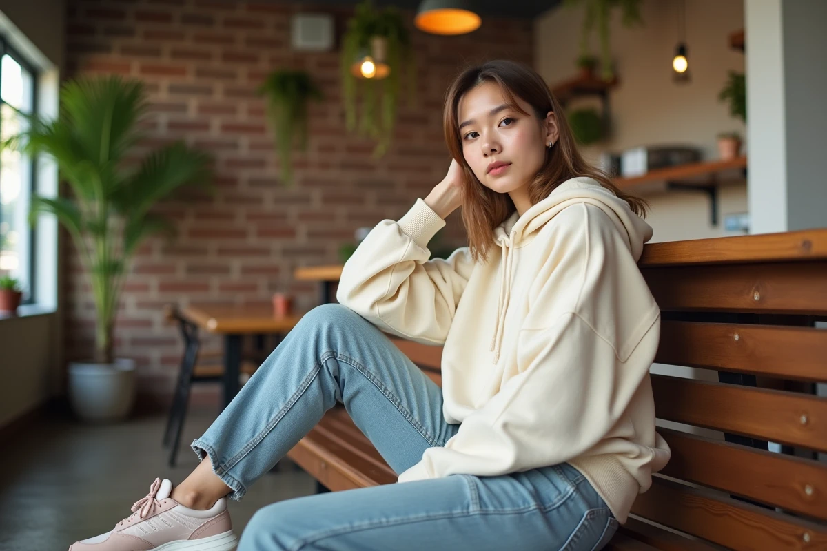 Femme en hoodie oversize crème, jean mom taille haute et sneakers chunky dans un café minimaliste - look streetwear tendance