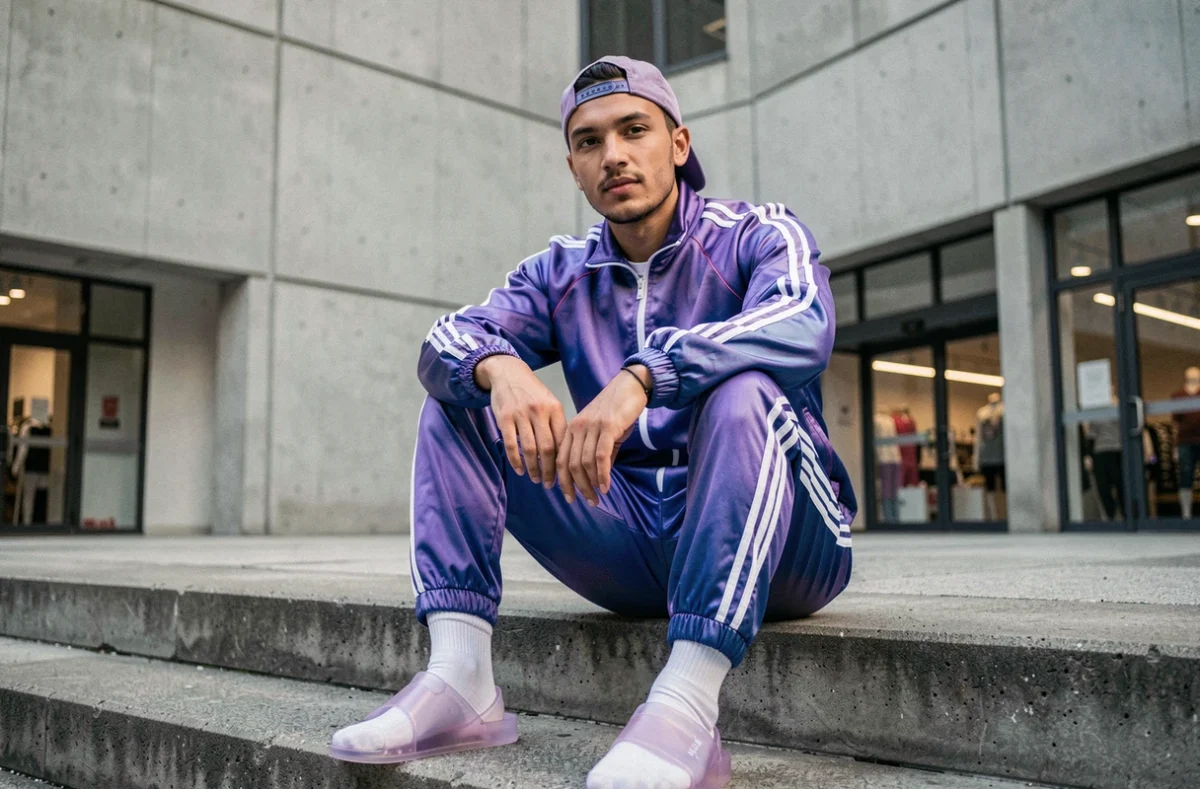 Homme en survêtement iridescent Y2K avec visière et sandales transparentes devant une architecture brutaliste urbaine