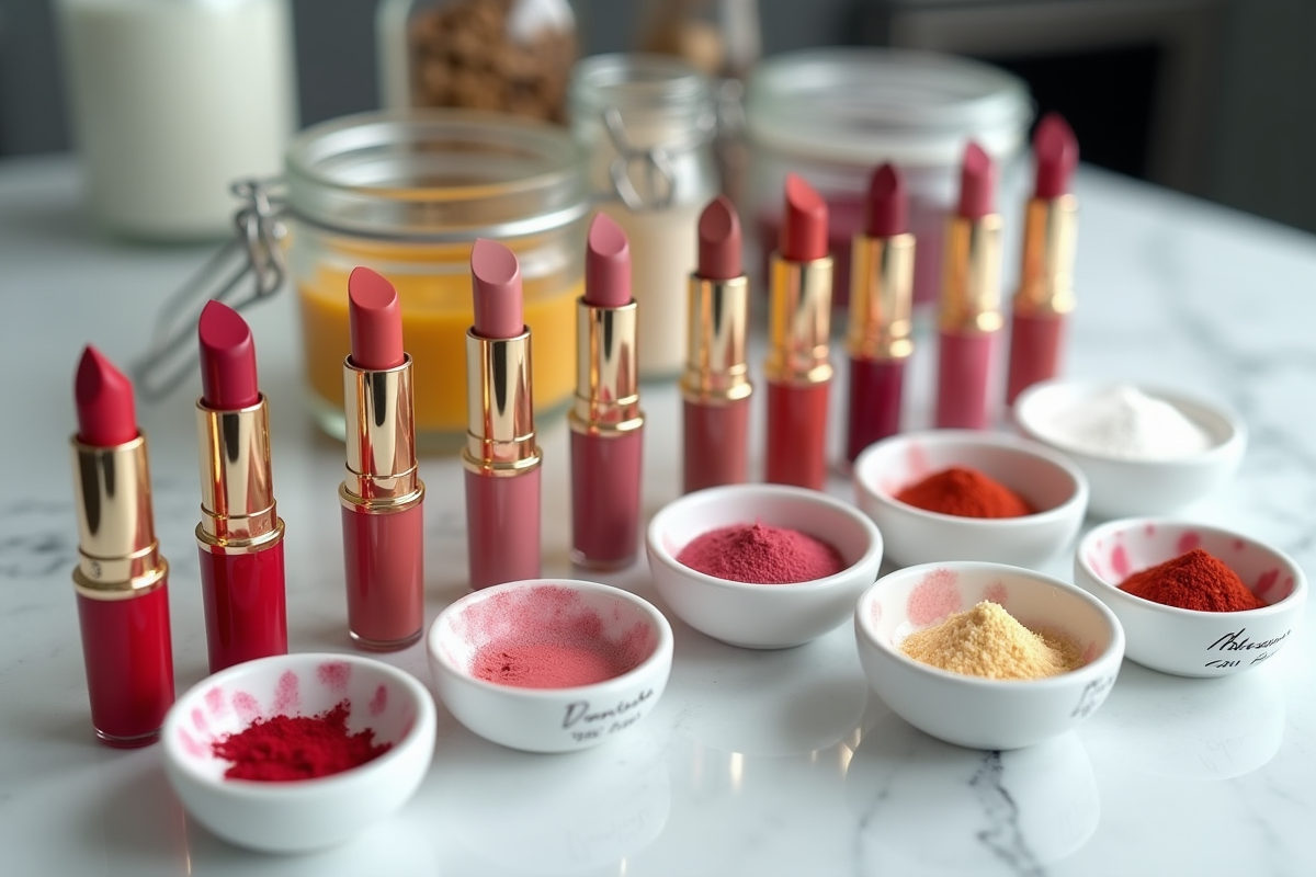 Assortiment de lipsticks et ingrédients naturels sur un plan de travail