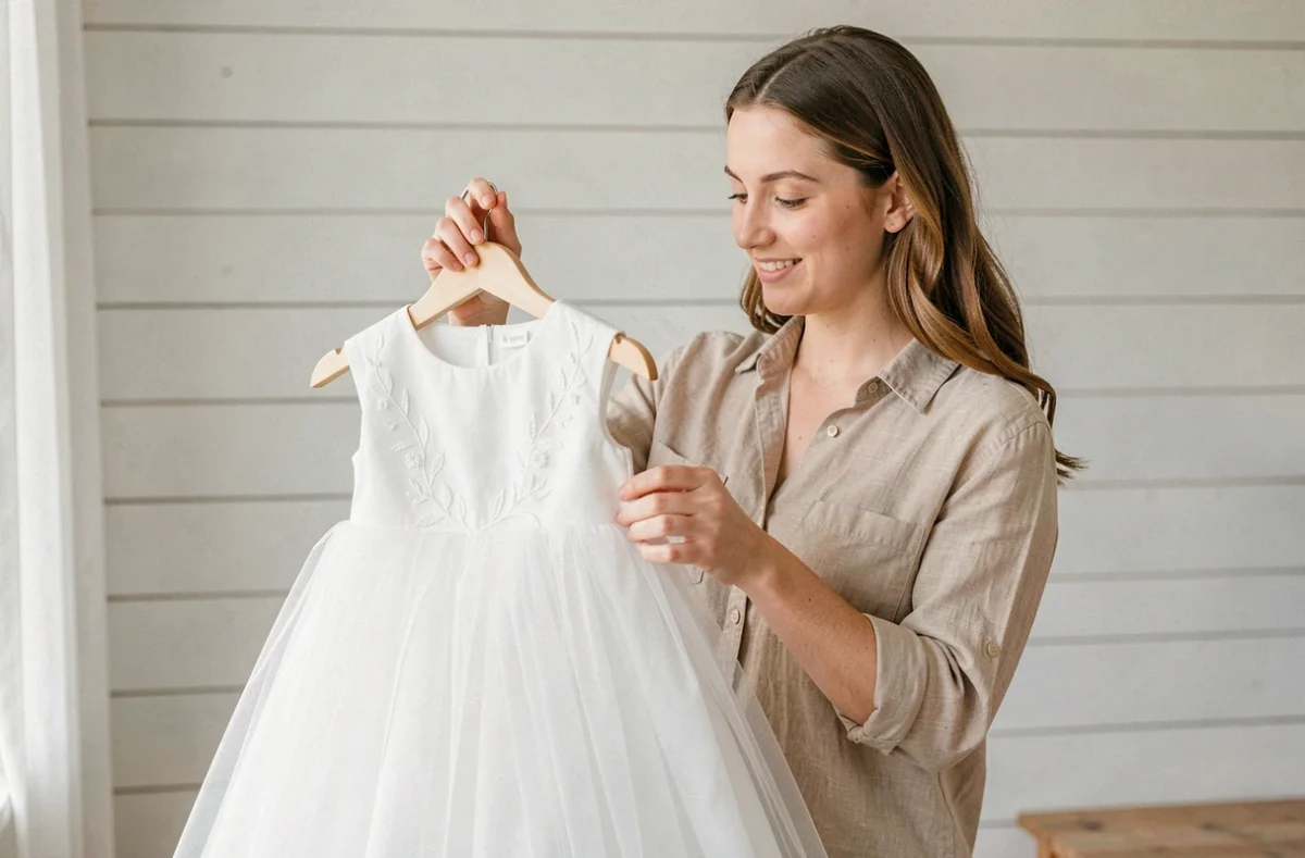 Maman tenant une robe de baptême bébé blanche sur cintre dans un intérieur scandinave épuré