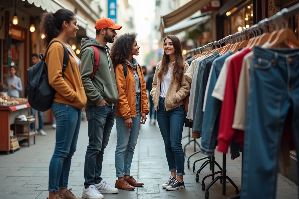Groupe divers de jeunes discutant mode en marché urbain