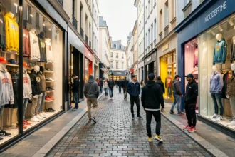 Rue commerçante animée du Grand Est avec des boutiques de streetwear et des jeunes en tenues urbaines