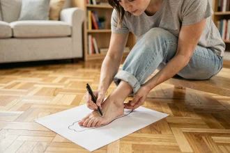 Femme mesurant son pied sur une feuille de papier posée sur un parquet en bois pour déterminer sa taille de chaussure