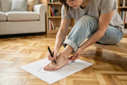 Femme mesurant son pied sur une feuille de papier posée sur un parquet en bois pour déterminer sa taille de chaussure
