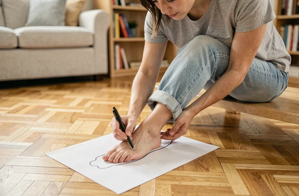 Femme mesurant son pied sur une feuille de papier posée sur un parquet en bois pour déterminer sa taille de chaussure