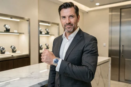 Homme en costume gris portant une montre de luxe à cadran bleu dans une boutique horlogère haut de gamme