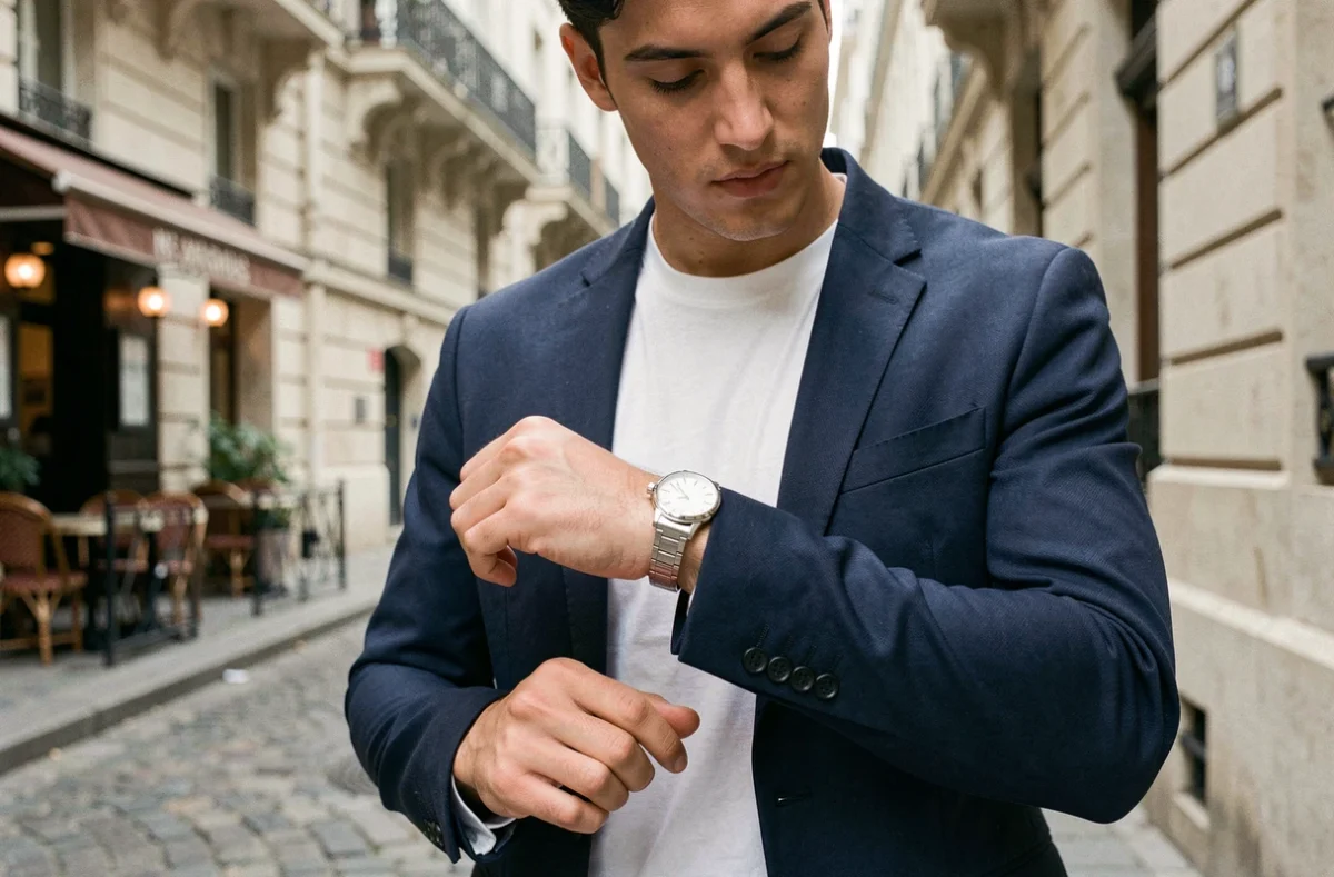 Jeune homme en blazer marine consultant une montre minimaliste dans une rue pavée parisienne