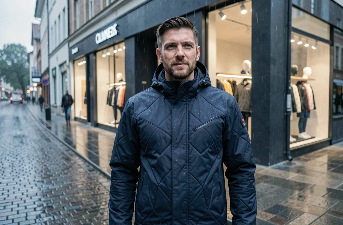 Homme portant une veste technique Napapijri sous la pluie devant la boutique à Mulhouse