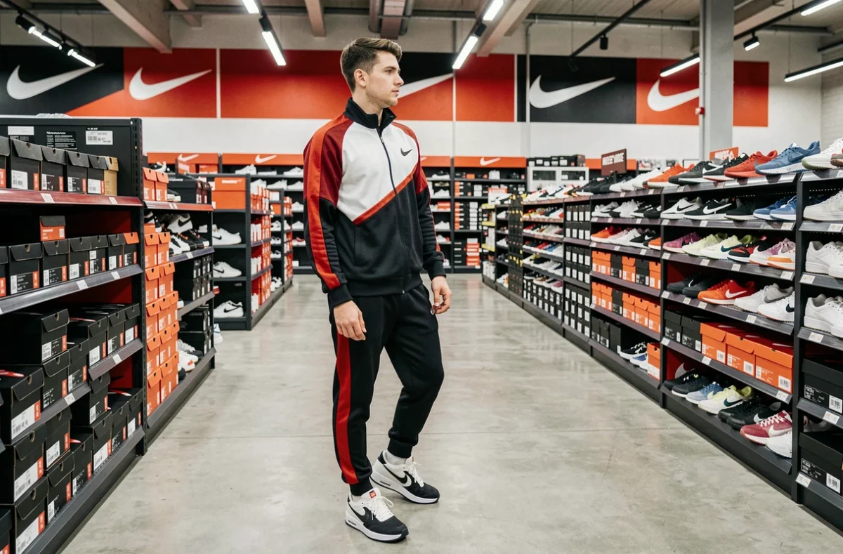 Jeune homme en survêtement Nike dans le Nike Factory Store de Mulhouse avec rayons de sneakers