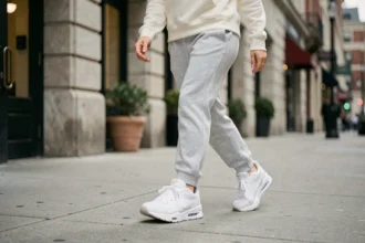 Femme portant des Nike Mid 001 blanches lors d'une marche urbaine sur trottoir, vue en plan rapproché sur les sneakers