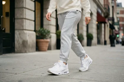 Femme portant des Nike Mid 001 blanches lors d'une marche urbaine sur trottoir, vue en plan rapproché sur les sneakers