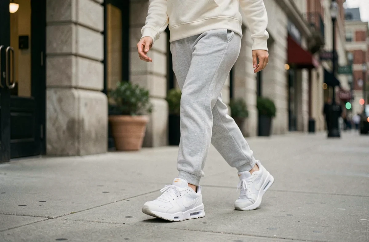 Femme portant des Nike Mid 001 blanches lors d'une marche urbaine sur trottoir, vue en plan rapproché sur les sneakers