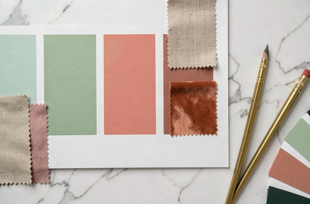 Palette de couleurs complémentaires du vert d'eau avec échantillons de tissu velours et nuancier corail et terracotta sur marbre blanc