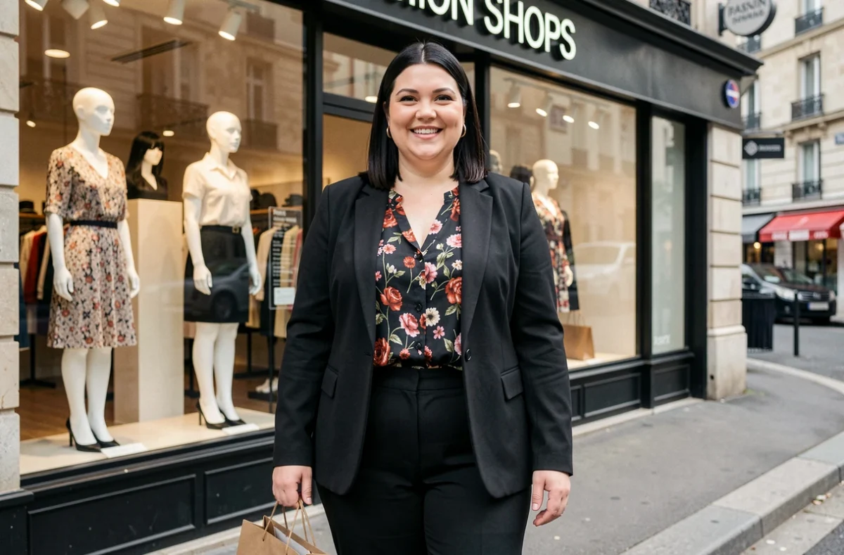 Une femme grande taille élégante devant la boutique Paris Fashion Shops à Saint-Denis