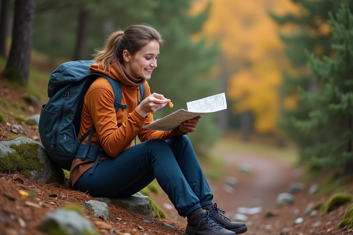 Randonneuse en pause sur un rocher en forêt automnale, consultant une carte topographique vêtue d'une tenue imperméable WANABEE