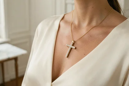 Pendentif croix en or serti de diamants porté sur un col ivoire, bijou luxueux en gros plan