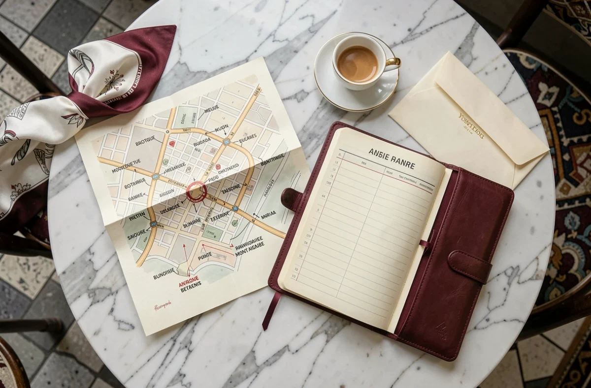 Planning de journée shopping de luxe Avenue Montaigne avec agenda en cuir, carte annotée et foulard de soie sur marbre blanc