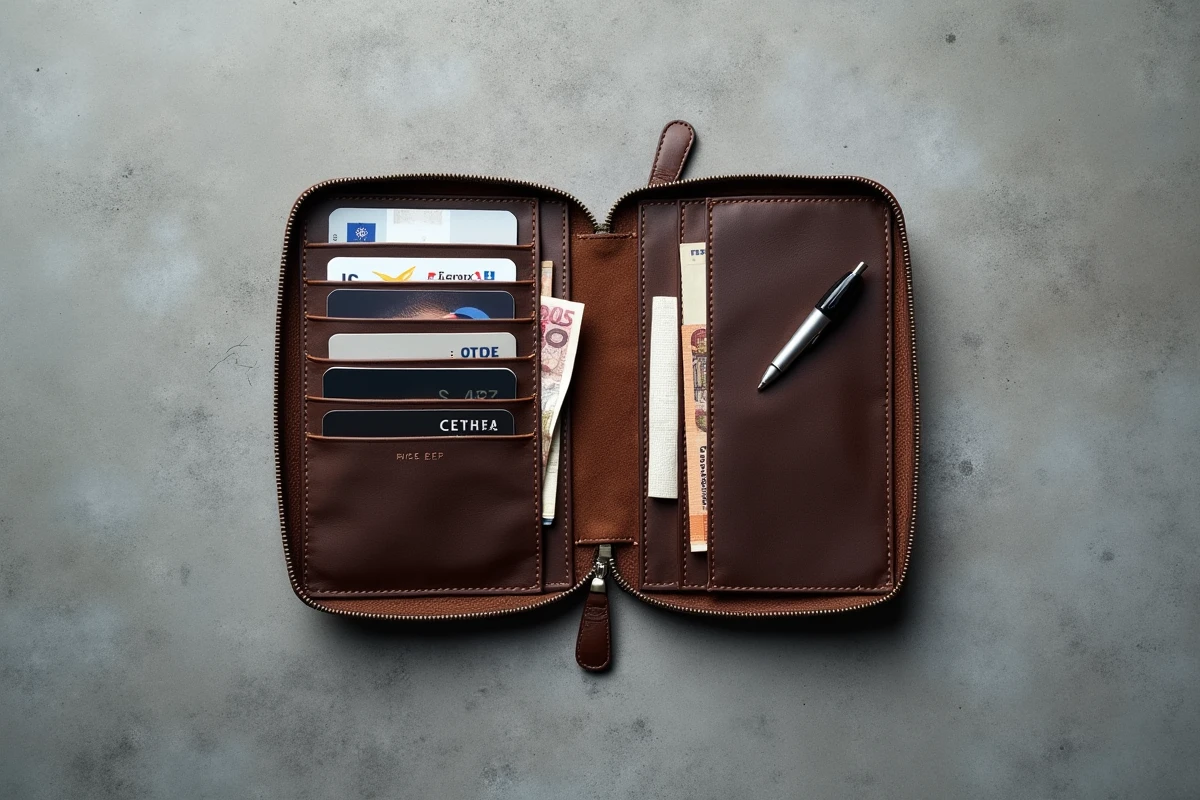 Pochette homme en cuir ouverte vue de dessus avec cartes bancaires et billets organisés à l'intérieur