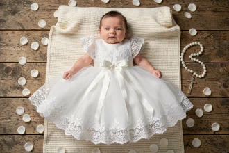 Robe de baptême bébé fille en dentelle blanche posée sur un plaid ivoire avec pétales de fleurs et chapelet