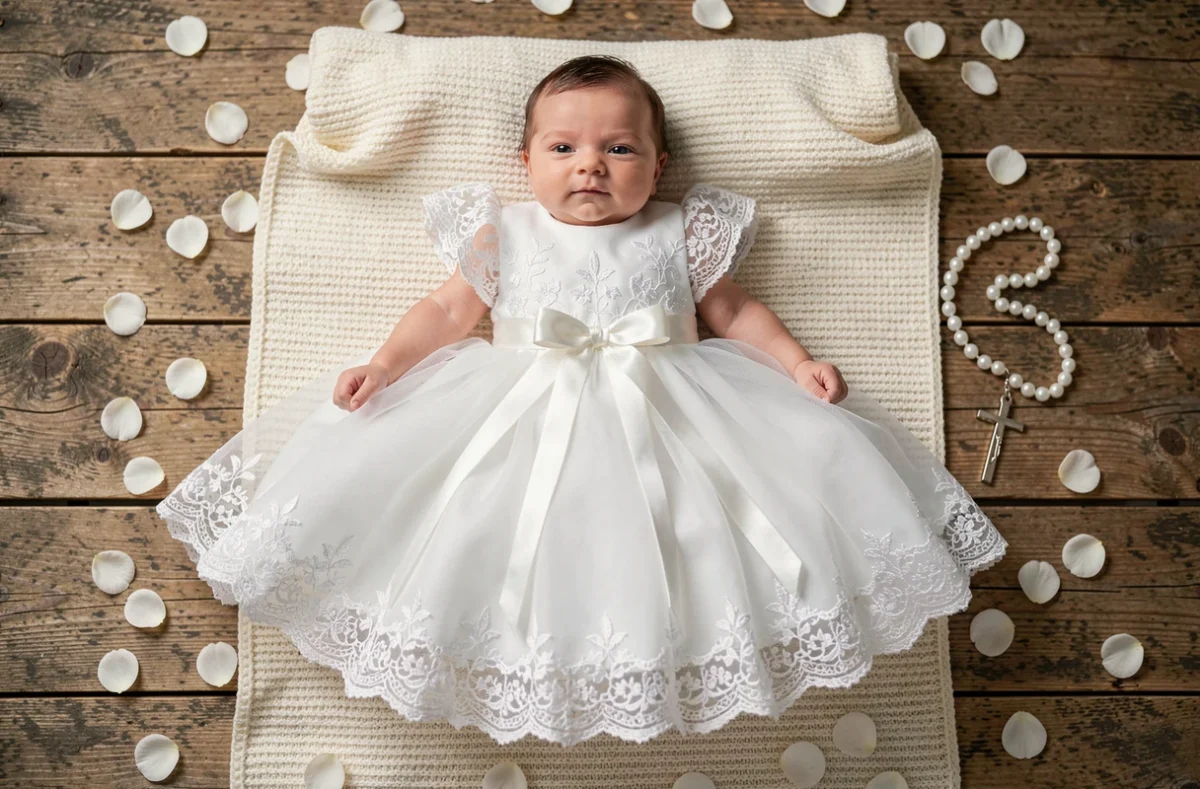 Robe de baptême bébé fille en dentelle blanche posée sur un plaid ivoire avec pétales de fleurs et chapelet