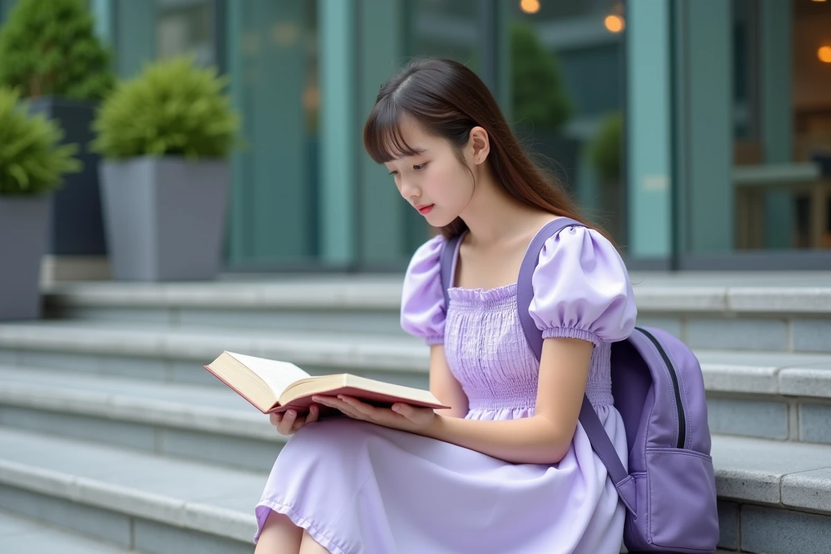 Adolescente en robe évasée lavande à manches bouffantes assise sur des marches universitaires, tendance mode jeune 2026