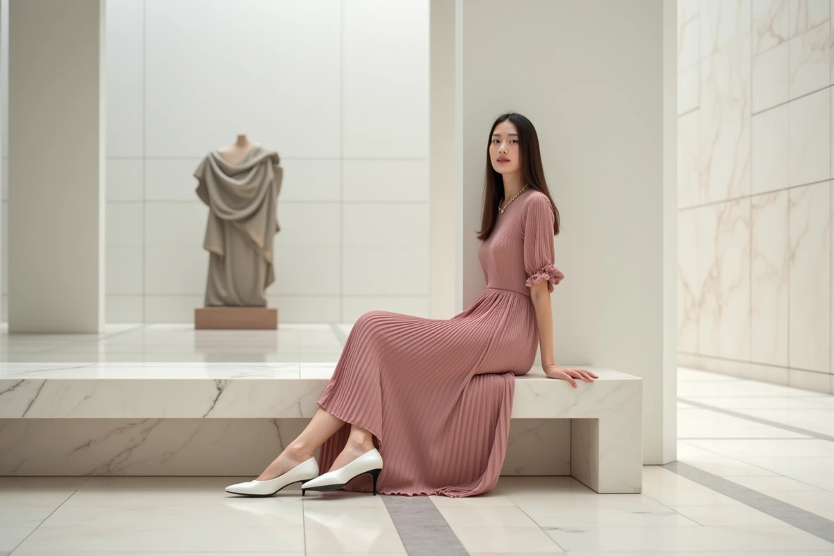 Femme en robe longue plissée rose poudré avec des mules à talon chaton blanches dans un musée minimaliste