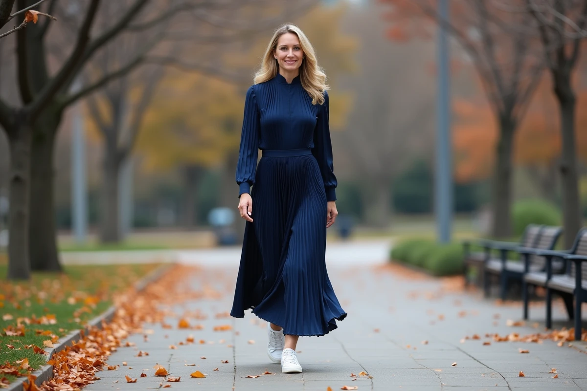 Femme portant une robe longue plissée bleu marine avec des sneakers blanches dans un parc urbain en automne