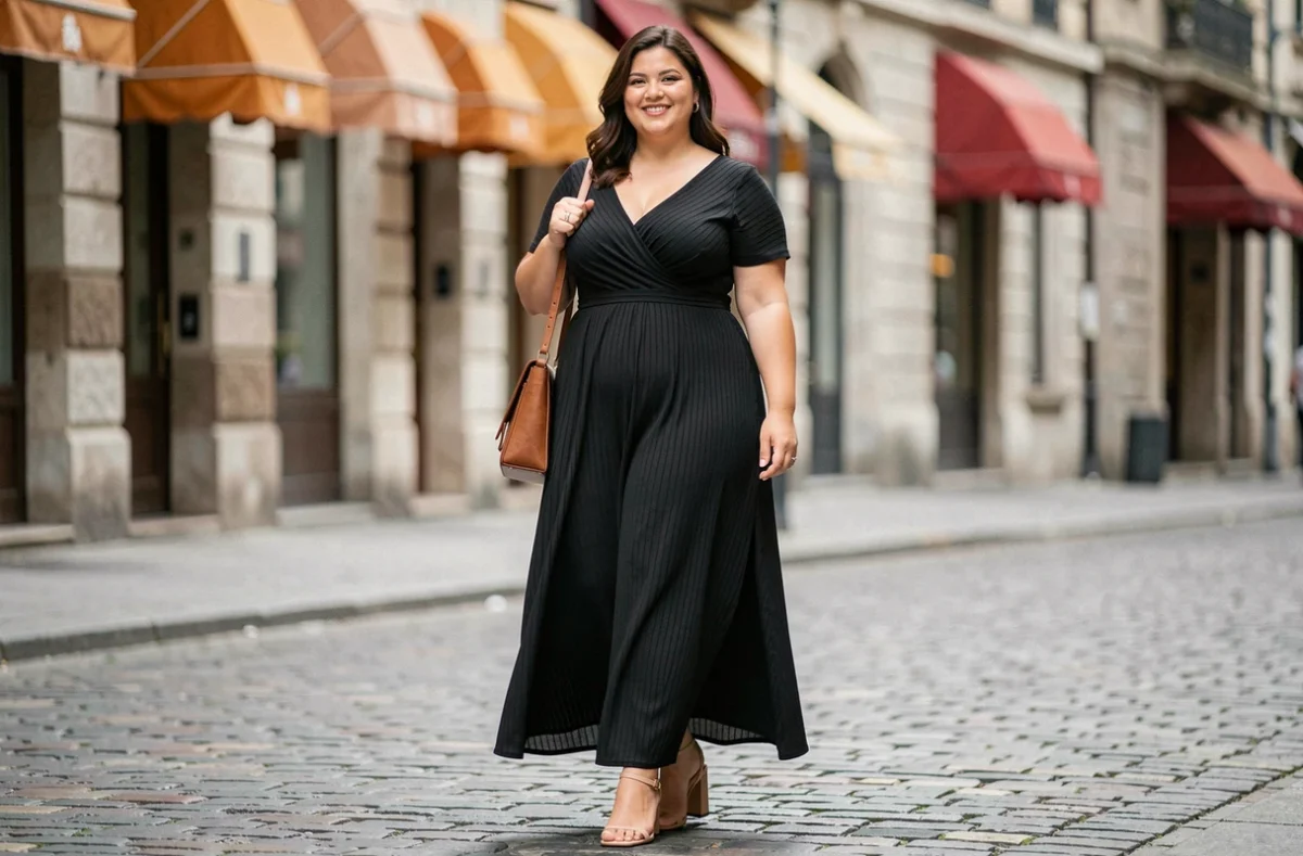 Femme ronde marchant en ville avec une robe maxi noire à rayures verticales pour allonger la silhouette et affiner le ventre