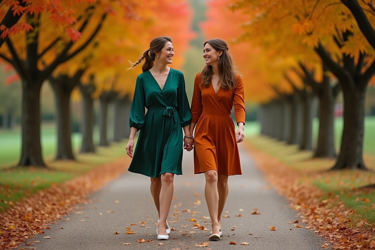 Deux invitées de mariage portant des robes courtes à manches longues en vert forêt et terracotta marchant sur une allée de feuilles d'automne