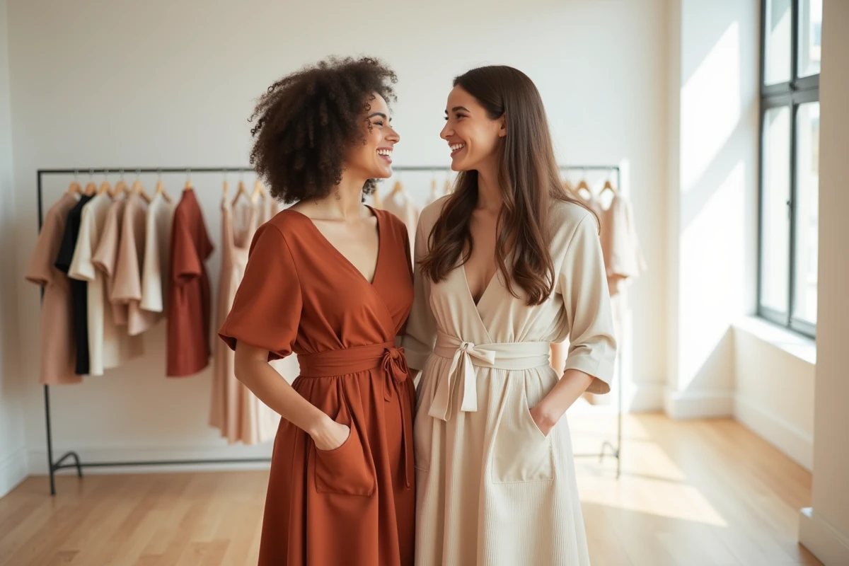Deux jeunes femmes essayant des robes évasées terracotta et crème dans une boutique minimaliste tendance 2026