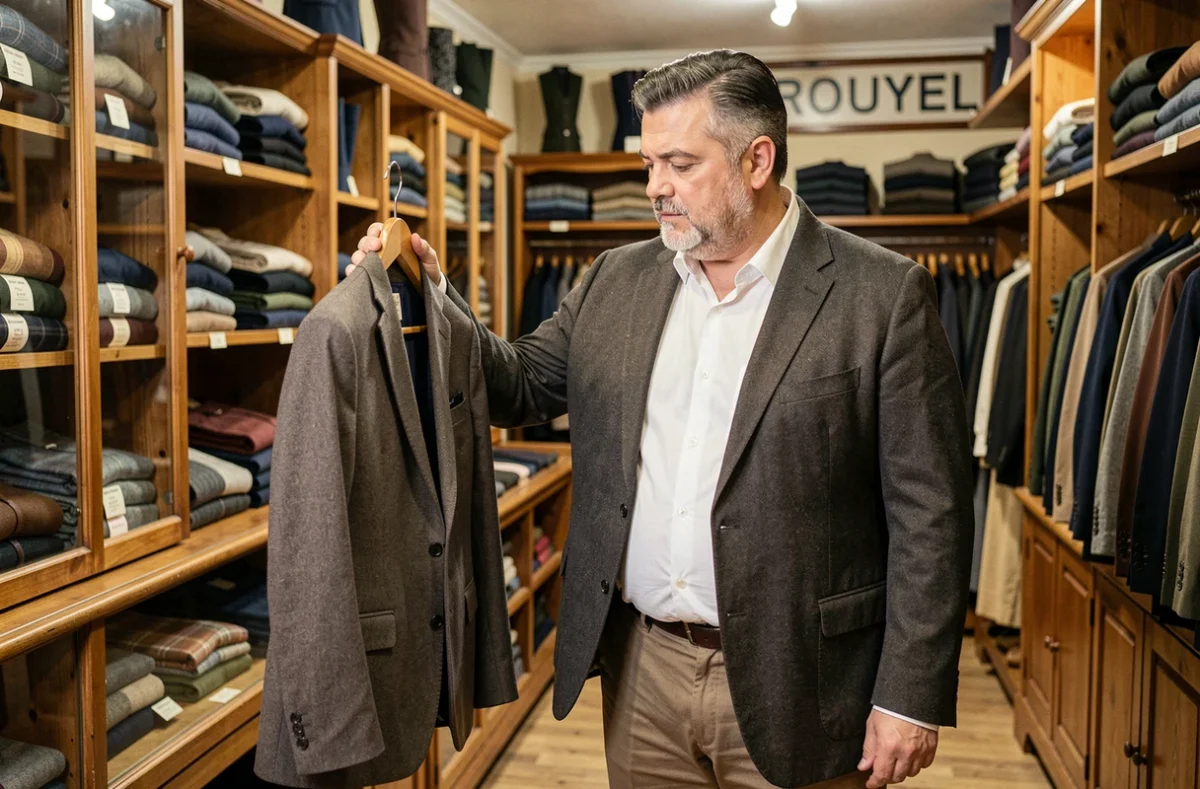 Un homme grande taille examinant une veste dans la boutique Rouxel à Aubervilliers