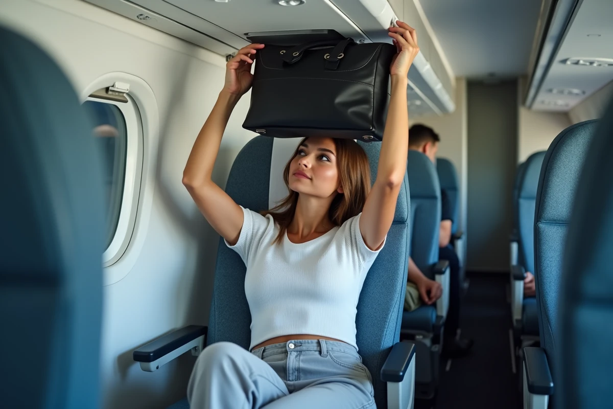 Femme rangeant son sac à main cabine dans le compartiment supérieur d'un avion